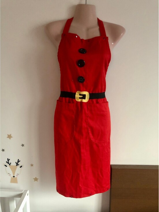 Other - Mrs Claus Santa Apron Red Black Buttons Gold Belt Pockets ARCO Costume Christmas